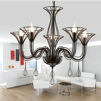 Европейская люстра в деревенском стиле, железная светодиодная люстра в стиле минимализм, подвесной светильник для фойе, столовой, гостиной, черная светодиодная люстра в форме свечи