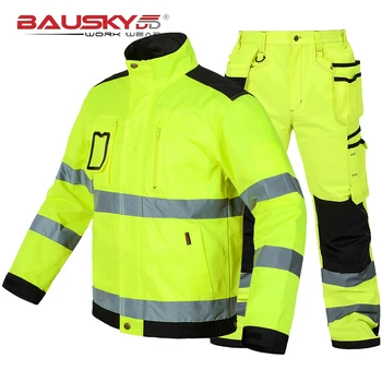 Рабочий костюм для строительства, светоотражающая куртка Hi Vis и брюки, комплект с несколькими карманами, Рабочая одежда, брюки с наколенниками