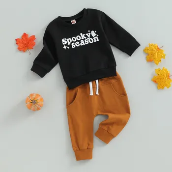 Комплекты брюк для маленьких мальчиков на Хэллоуин, одежда из 2 предметов, осенняя одежда, толстовка с длинными рукавами и эластичными штанами с надписью, Детская одежда