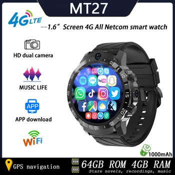4 ГБ 128 ГБ Смарт-Часы Мужские 1,6 дюймовый Экран SIM WIFI 4G Сеть 1000 мАч Батарея Сообщение Напоминание GPS Водонепроницаемая Установка приложения