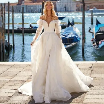 2023 Свадебное платье с открытыми плечами, аппликация в виде сердечка, Разрез сбоку, Свадебное платье цвета баффи, Шлейф со шнуровкой сзади, Халат De Mariee