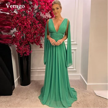 Простые зеленые шифоновые платья для выпускного вечера Verngo, накидка с V-образным вырезом, рукава с бусинами, детали длинного вечернего платья, женское вечернее платье больших размеров