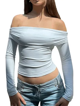 Женские Укороченные топы Y2K с открытыми плечами, Милый Топ для выхода в свет с длинным рукавом, Сексуальная Приталенная футболка с открытой спиной, Повседневная Уличная Одежда