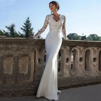 Кружевное Длинное платье Сексуальное платье-труба Свадебное платье с V-образным вырезом Свадебные платья длиной до пола Иллюзионные платья Robe De Soiree
