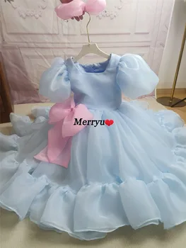 Небесно-голубые платья в цветочек для девочек с пышными короткими рукавами, детское праздничное рождественское платье для Первого причастия с розовым бантом
