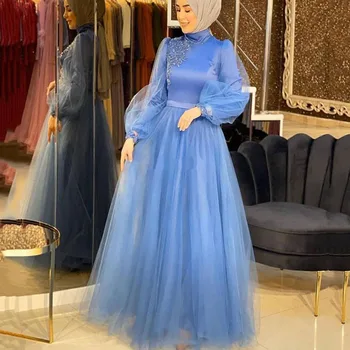 Небесно-Голубые Мусульманские арабские Вечерние платья 2021 С высоким воротом и длинным рукавом, Аппликации из бисера, Вечерние женские платья для выпускного вечера на заказ