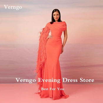 Verngo Румяна оранжевого цвета, шифоновые перья, вечерние платья Русалки с длинным рукавом на одно плечо, Дубай, Аравия, женские вечерние платья для выпускного вечера