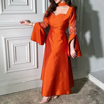 Изготовленное на заказ в Саудовской Аравии атласное вечернее платье трапециевидной формы с длинными рукавами на бретелях длиной до щиколоток, бисер, милое вечернее платье для выпускного вечера
