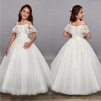 Платья для девочек на свадебную вечеринку с длинными рукавами и прозрачным вырезом, детское платье принцессы для первого причастия