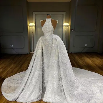 Роскошные Круглые Бусины и Жемчуг 2 В 1, Свадебное Платье 2020, Сексуальные Свадебные Платья со съемным шлейфом Robe De Mariee