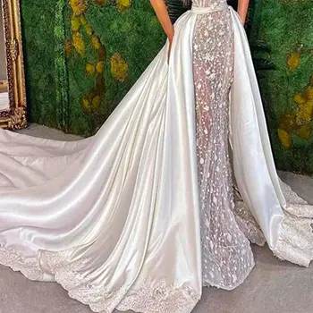 Высококачественная роскошная свадебная съемная юбка с атласным кружевным краем, съемный длинный шлейф, свадебные платья, аксессуары поверх юбки на заказ