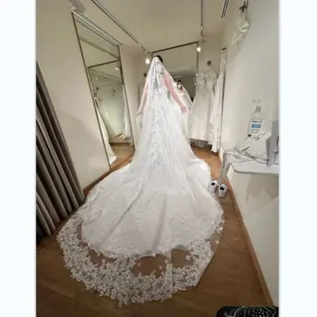 Длинная Традиционная двухслойная свадебная фата с кружевными аппликациями Vestido De Noiva Роскошная Элегантная свадебная фата на заказ с гребнем