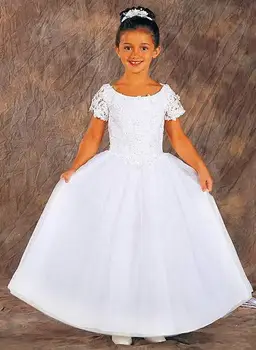 бесплатная доставка для свадеб 2015, первого причастия, рождественского представления для маленькой девочки, бального платья с коротким рукавом, белого кружевного платья с цветочным узором для девочек