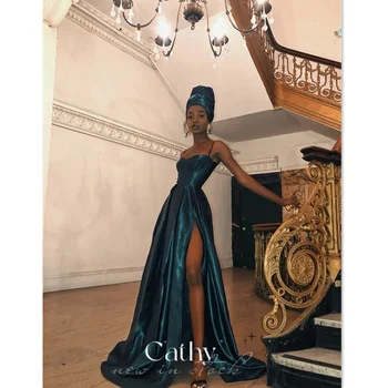 Cathy Glitter Темно-синее платье для выпускного вечера на тонких бретельках, Вечернее платье трапециевидной формы, Блестящие вечерние платья с разрезом по бокам, Vestidos De Noche