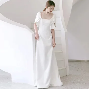 2023 Новое Атласное Женское Свадебное платье, Винтажный Свадебный халат с Квадратным воротником и Короткими рукавами, Простое Длинное Vestido De Noiva