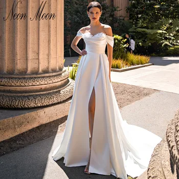 Красивое Свадебное платье Трапециевидной формы с кружевными аппликациями С открытыми плечами Свадебные платья С открытой спиной Придворный Шлейф Vestidos De Novia