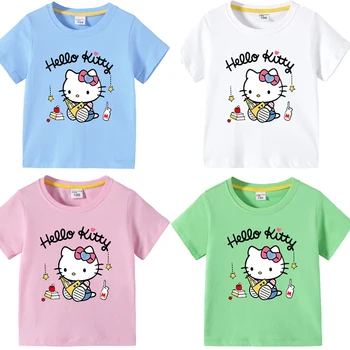 Sanrio Hello Kitty Kawaii Детская летняя футболка с короткими рукавами Для мальчиков и девочек с круглым вырезом из Мультфильма Повседневные Простые топы с короткими рукавами