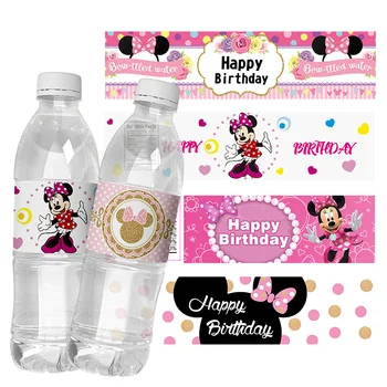 6шт На заказ Disney Minnie Mouse Бутылка для воды на День Рождения, Винные этикетки, Подарочная коробка, Наклейки, Пакет для конфет, Обертывания, Декор для вечеринки в душе ребенка