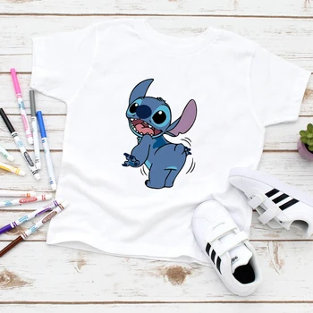 Детская летняя футболка для мальчиков Disney Lilo & Stitch, футболка с рисунком для малышей, Милый Топ для девочек, Летняя Свободная Белая футболка с круглым вырезом