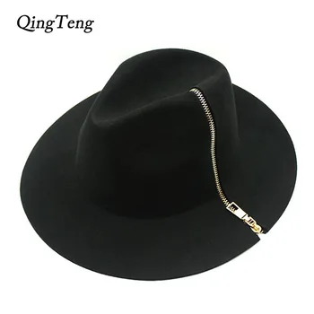 Крутая черная фетровая шляпа на молнии, винтажная женская фетровая шляпа с широкими полями, шерстяная фетровая шляпа-клоше, кепка