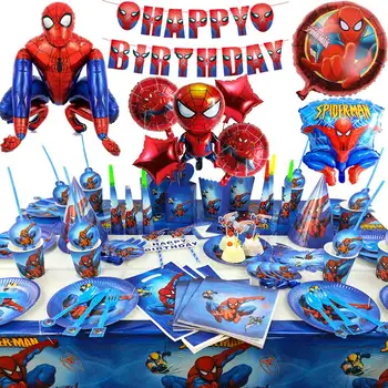 украшения для Вечеринки в честь Дня рождения 1-го Человека-паука Воздушные шары Одноразовая посуда 3D Большой воздушный шар из фольги с пауком Принадлежности для вечеринки Тарелки Чашки