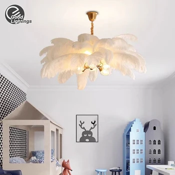 Подвесной светильник в Скандинавском стиле для дома, Новый дизайн, освещение из страусиных перьев Для гостиной, Люстра для Спальни, Медный подвесной светильник