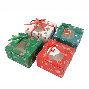 Подарочная коробка из белого картона с окошком из ПВХ, 4 отверстия, коробка для кексов в рождественской тематике, упаковка из бечевки, коробка для маффинов со вставкой