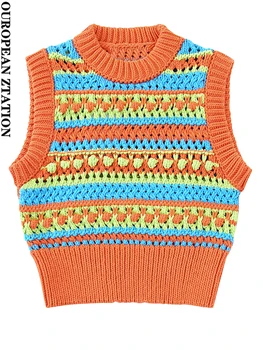 Женский свитер с пайетками 2023, модный текстурированный вязаный жилет, винтажный круглый вырез, без рукавов, свободный женский жилет, шикарные топы