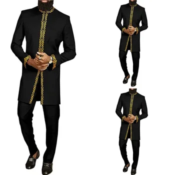 Дашики, Мужской комплект одежды из 2 предметов, Черный Деловой Повседневный модный Свадебный костюм в этническом стиле, Кафтан Для мужчин, Новинка