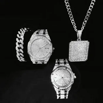 Iced Out Часы браслет Ожерелье для Мужчин 3 шт. Роскошные Бриллиантовые Часы Мужские Bling Хип-Хоп Ювелирный Набор Мужские Золотые Часы Кварцевые Relogio