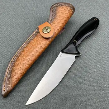 Нож Боуи из стали D2, 100% ручная работа, фантастическая ручка из черного дерева, кожаные ножны, для охоты на открытом воздухе, кустарничества и кемпинга