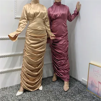 2023 Мода Малайзия элегантный атласный облегающий плиссированный длинный макси тонкий мусульманский костюм платье для женщин