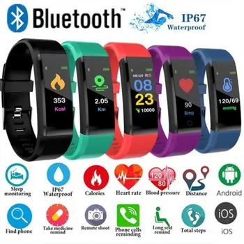 Смарт-часы 115Plus, совместимые с Bluetooth, Спортивные часы, браслет для здоровья, браслет с шагомером для фитнеса, пульсометр, 115 Смарт-браслетов