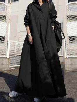 Чистое хлопковое Японское женское весенне-осеннее однотонное хлопковое и льняное Свободное платье в этническом стиле в стиле ретро с длинными рукавами