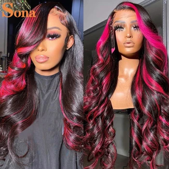 Омбре, ярко-розовый парик из человеческих волос с мелированием, HD Прозрачный Кружевной парик с зеленой полосой, Кружевной фронтальный парик для женщин