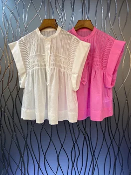 Рубашки из 100% хлопка, Летний Стиль 2023, Женские Прямые Повседневные Бело-Розовые Рубашки с рукавом 