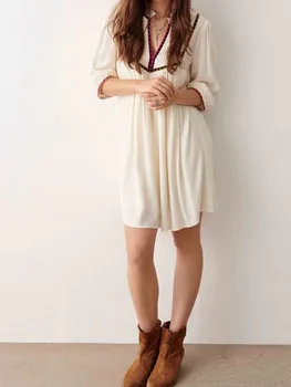 Женское свободное мини-платье с геометрической вышивкой, летнее праздничное платье 2023, V-образный вырез, 2 цвета, халат с рукавом три четверти для женщин