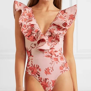 Цельный купальник с розовым принтом и рюшами, Женский летний купальный костюм, купальники для девочек 2023, Роскошное бикини, Летний пляжный цветочный