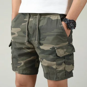 Мужские камуфляжные шорты-карго с эластичной резинкой на талии в стиле милитари, Свободные Прямые для мужчин