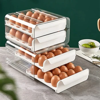 Двухслойный ящик для хранения яиц Выдвижной Холодильник, Органайзер для свежих яиц, 32 сетки, Утолщенный держатель для яиц для кухонных принадлежностей