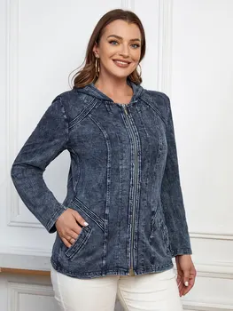 Женская джинсовая куртка LIH HUA размера плюс с капюшоном, осенняя повседневная куртка из эластичного хлопчатобумажного трикотажа с длинным рукавом