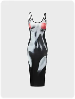 Xiktop 3D body printing сексуальное платье на подтяжках с открытой спиной, уличное асимметричное платье с высоким разрезом, клубная новая одежда Y2k в 2023 году.