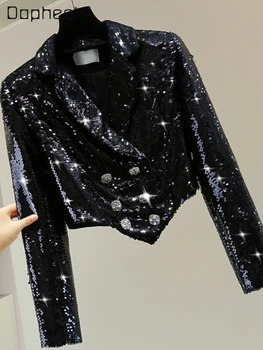 Повседневный короткий черный костюм с блестками, пальто для женщин, осень 2023, Новый Корейский стиль, женские облегающие однотонные блейзеры с бриллиантами, куртка