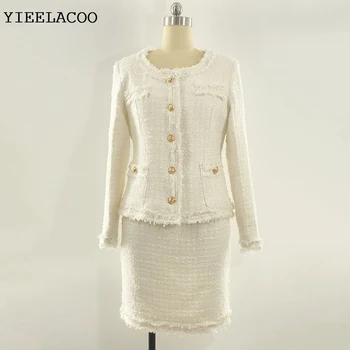 Белое пальто, осенне-зимний темпераментный женский твидовый пиджак с кисточками и длинными рукавами + юбка, модный профессиональный комплект из 2 предметов