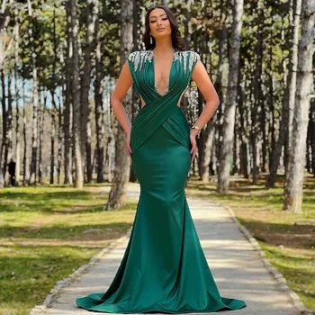 Зеленое атласное кружевное вечернее платье с аппликацией Для вечеринки знаменитостей, Элегантное платье для выпускного вечера с V-образным вырезом Длиной до пола, Женское вечернее платье для официальных мероприятий