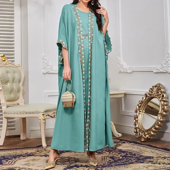 Абая Для женщин Халат Дубайский мусульманский Длинный Костюм Зеленый Вышитый кружевной Кафтан Марокканский Кафтан Королевская Женская одежда