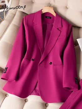 Однотонные блейзеры для женщин 2023, модные весенние офисные женские пальто с длинными рукавами, элегантные шикарные тонкие двубортные блейзеры