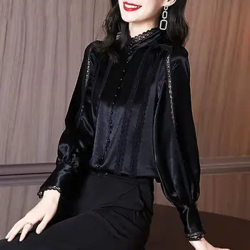 Женская элегантная черная модная блузка, французское кружево, Длинные рукава, Свободный воротник-стойка, выдалбливают, Весенний шикарный пуловер, женская рубашка