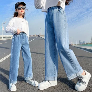 Подростковые джинсы для девочек 2022, весенне-летние повседневные универсальные Свободные Детские Широкие брюки, школьные детские брюки от 4 до 14 лет