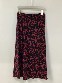 Женская юбка с принтом красных кленовых листьев 2023, ранняя осень, 100% вискоза, Эластичный пояс, Трапециевидные женские брюки до середины икры